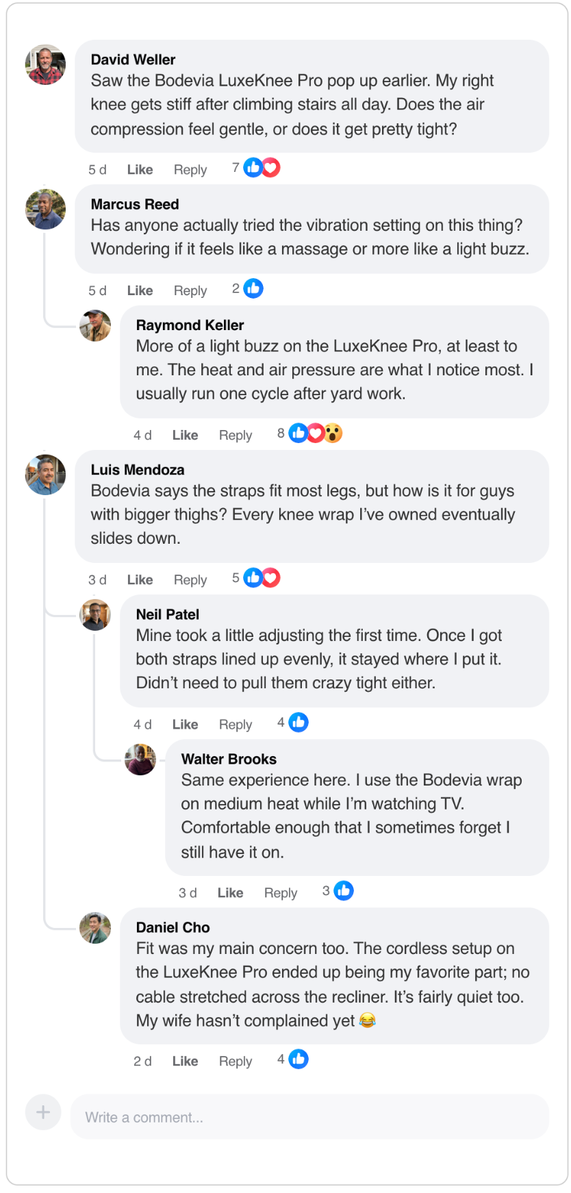 Sample Facebook comment block about the Bodevia LuxeKnee Pro, covering how the compression feels, the vibration, the fit on bigger thighs, and cordless use.
