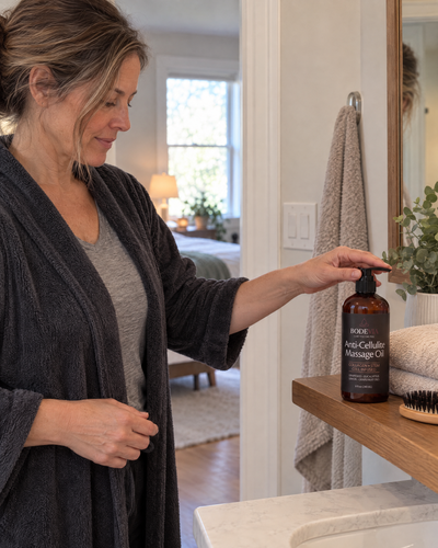 The Bodevia Massage Oil bottle back in its usual place on the bathroom shelf the next morning