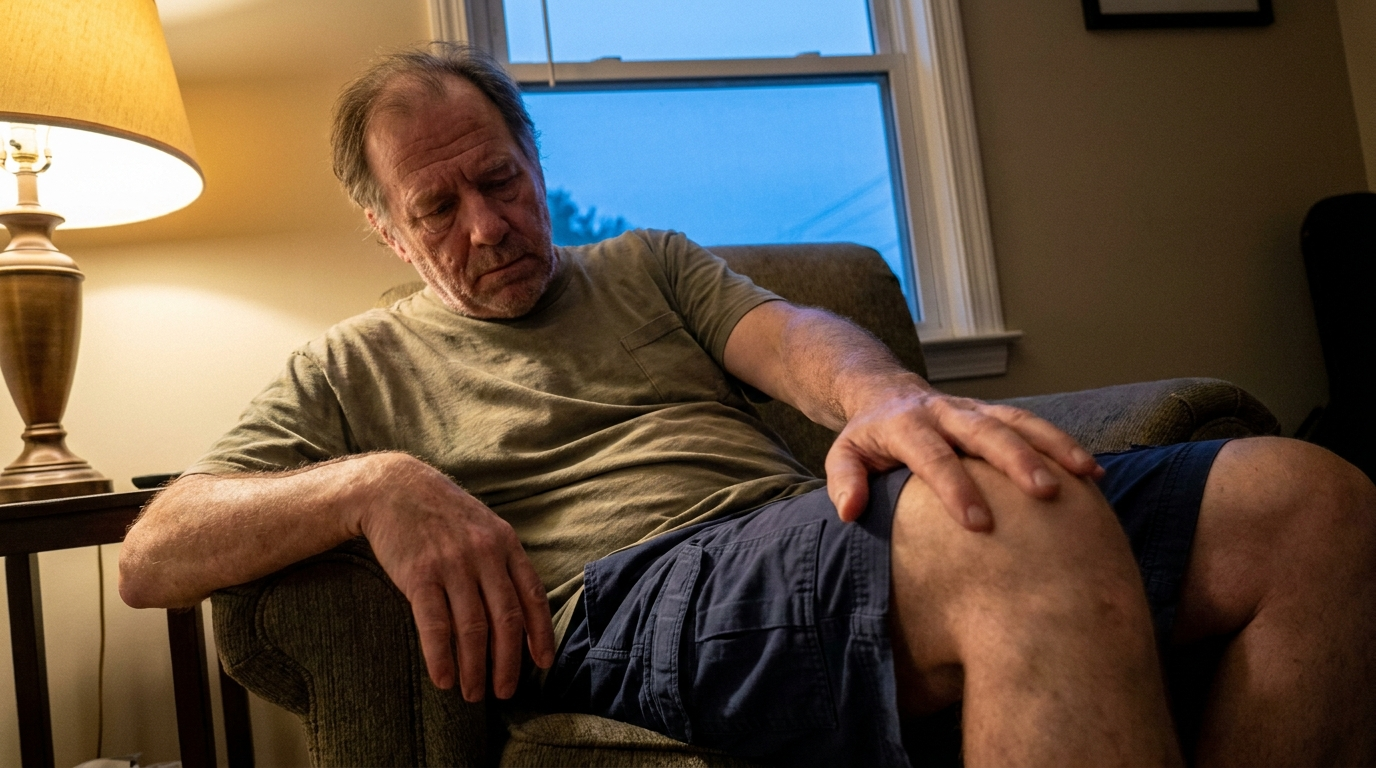 Dale sitting in his armchair in the evening with his hand resting on his knee