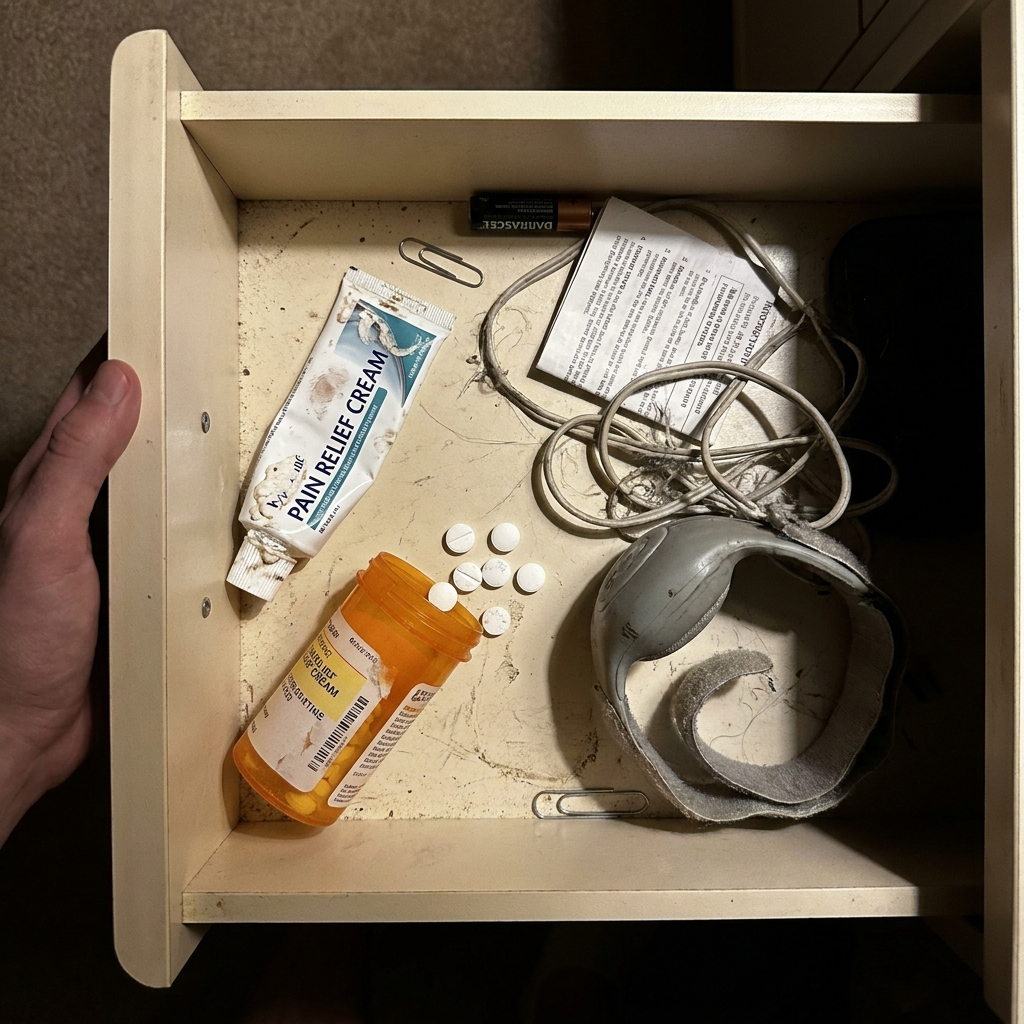 Drawer with a used pain cream tube, an old pill bottle, and a broken cheap massager