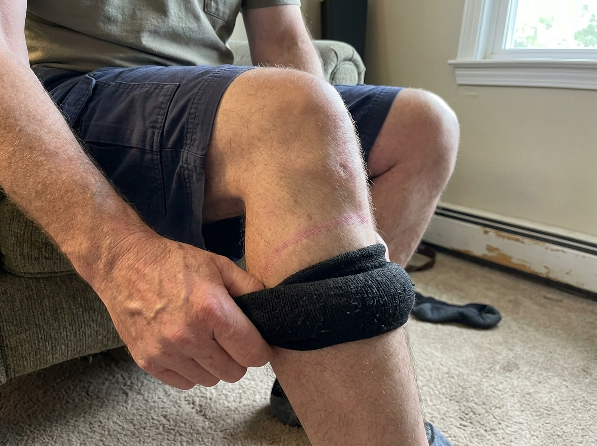 Elastic knee brace slipped down and bunched around a man's calf