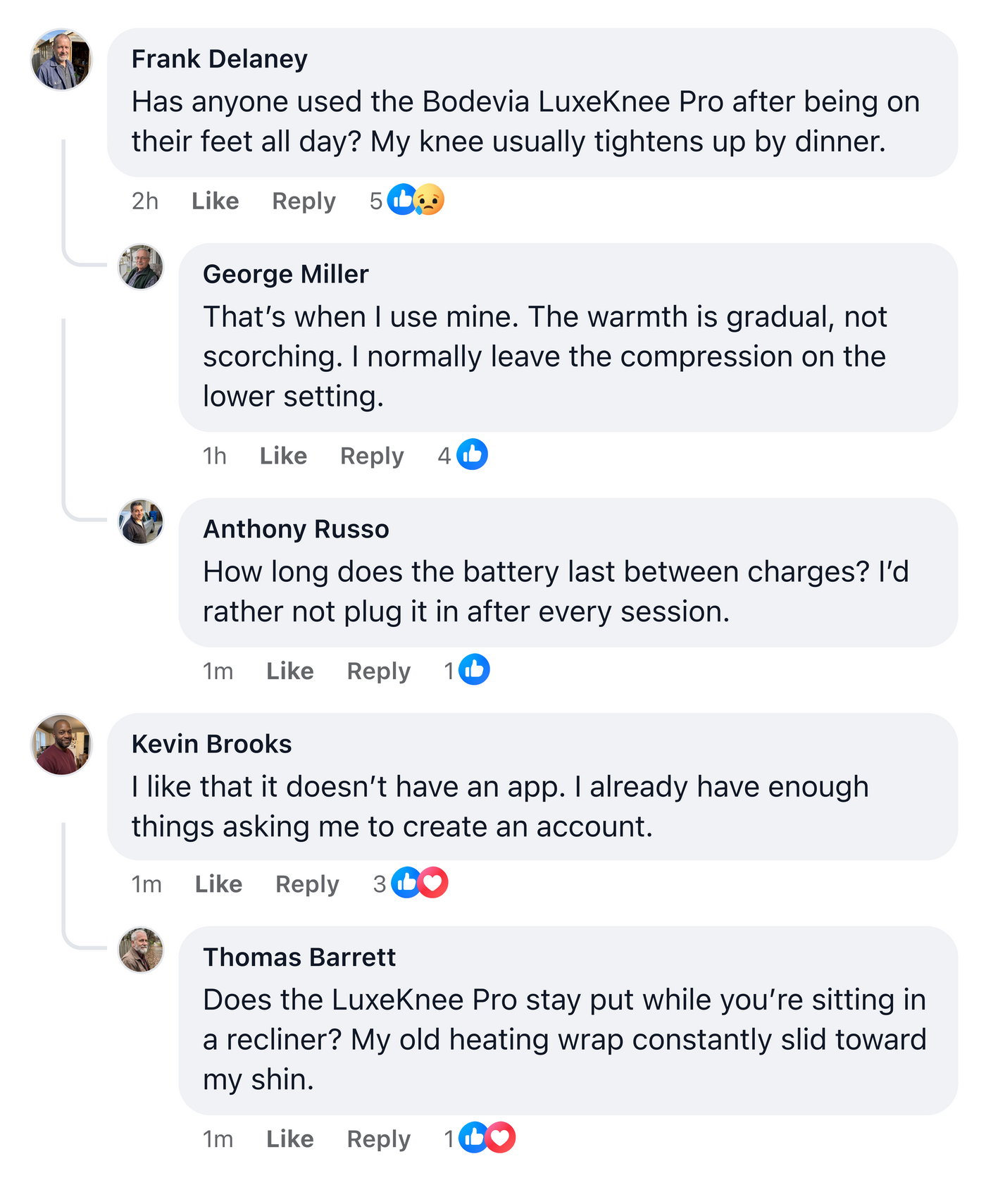 Sample Facebook comment thread about the Bodevia LuxeKnee Pro, covering end of day stiffness, how long the battery runs, using it without an app, and whether it slides in a recliner.