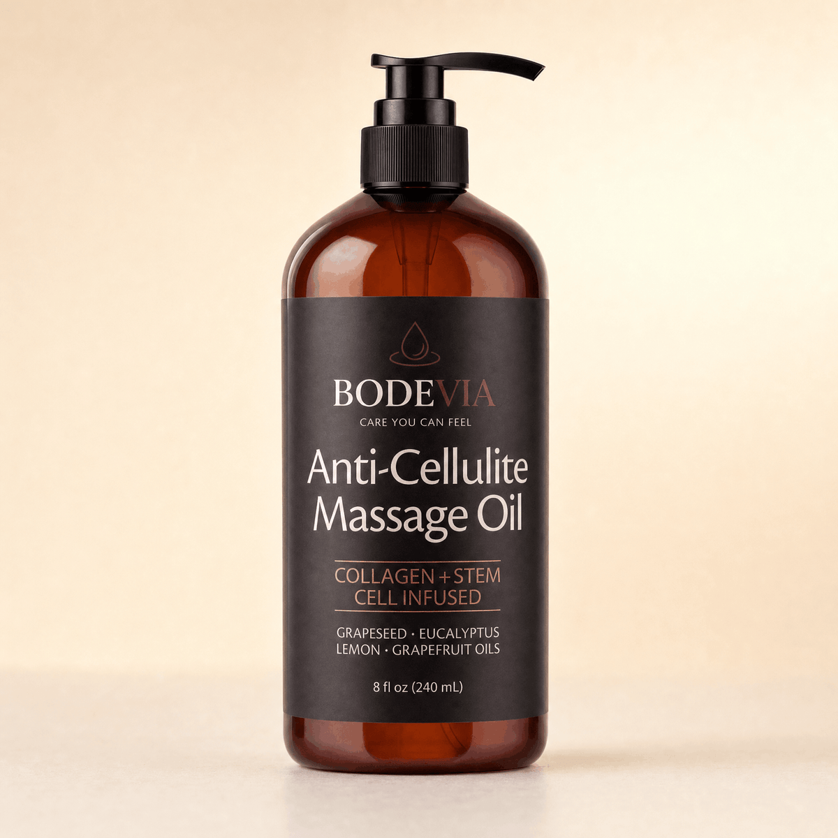 Bodevia Anti-Cellulite Massage Oil bottle on a warm cream background