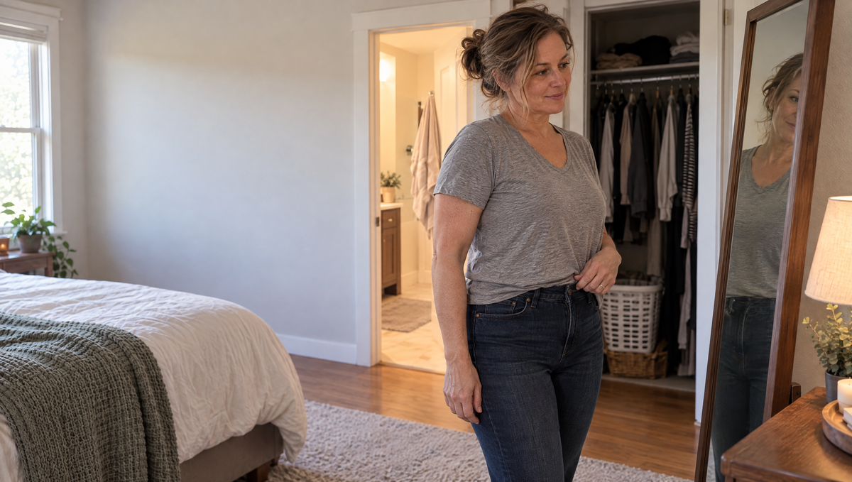 Woman noticing skin changes after major weight loss in natural bathroom light