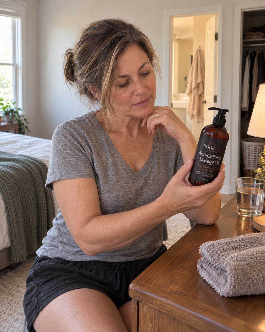 A woman in a rust cardigan reads the ingredient panel on the Bodevia Massage Oil bottle at her bedroom dresser in afternoon light