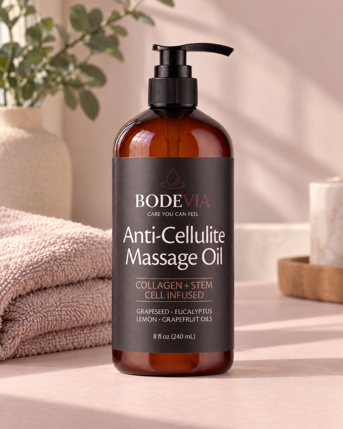 The 8 fl oz Bodevia Anti-Cellulite Massage Oil bottle beside folded towels in a calm bathroom setting