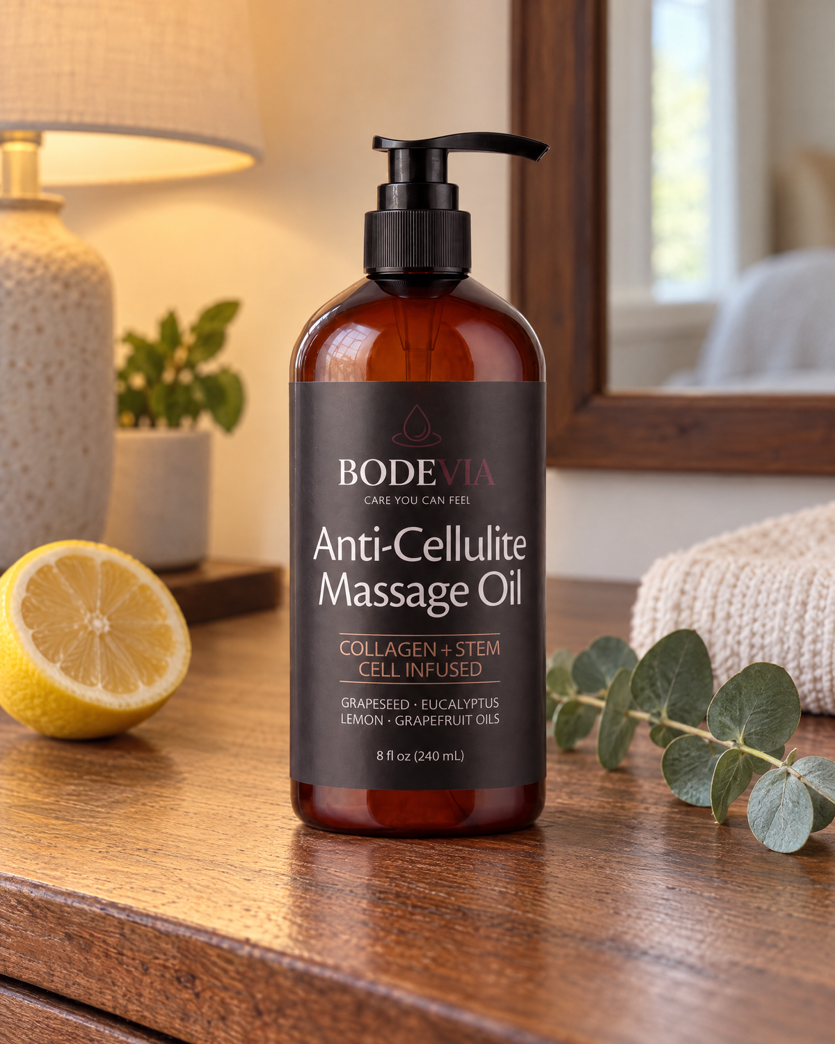 Bodevia massage oil beside simple bathroom essentials