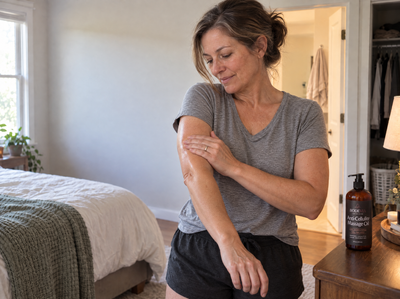 Both hands work oil in slow circles across the stomach and hips, with the Bodevia bottle on a chest of drawers nearby