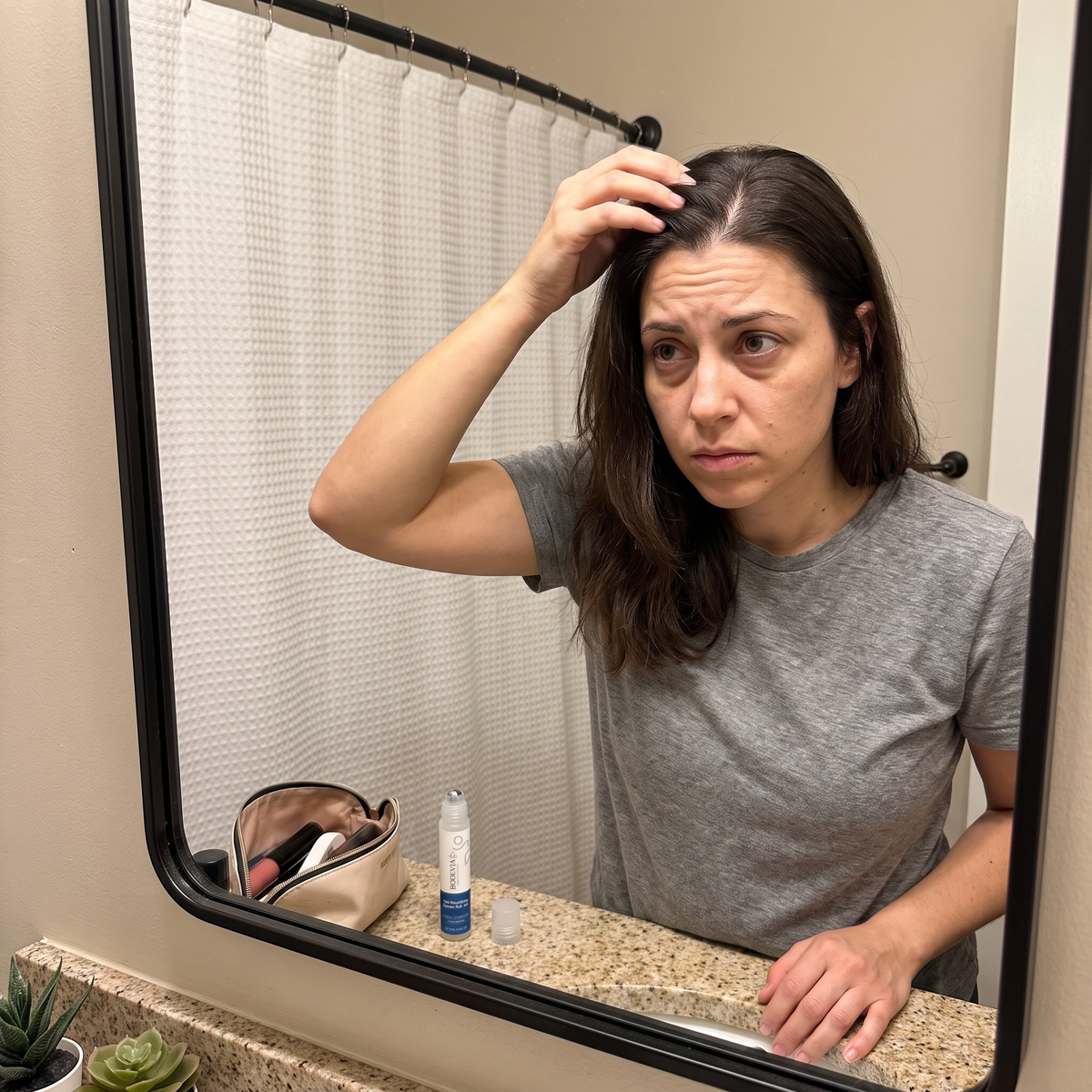 section photo - woman looking at hair in mirror