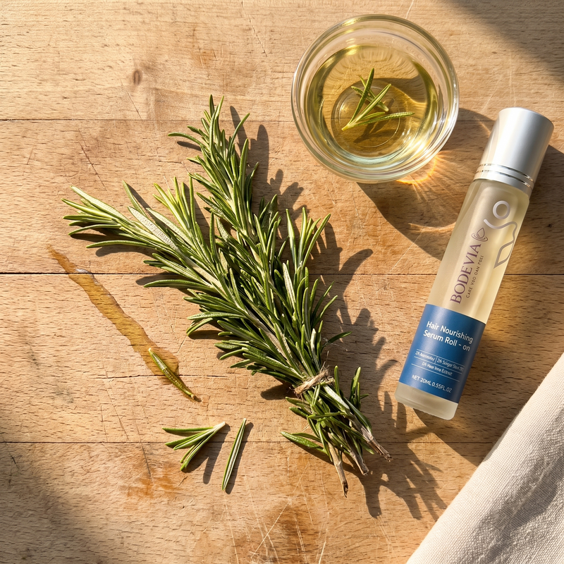 Rosemary sprig with small purple flowers beside a glass dropper bottle of rosemary extract