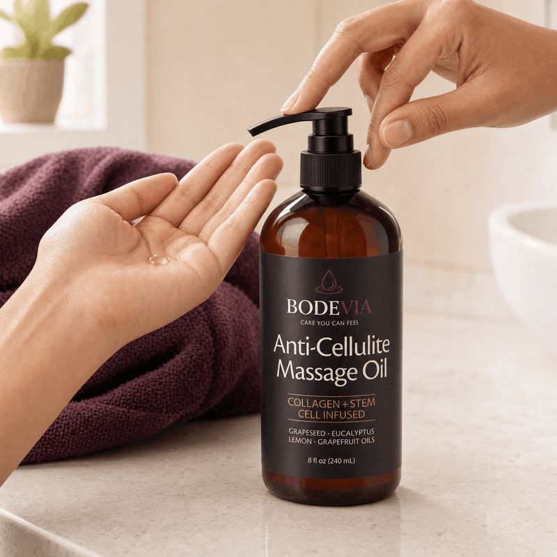 Hands using the Bodevia bottle pump to dispense oil into a palm.
