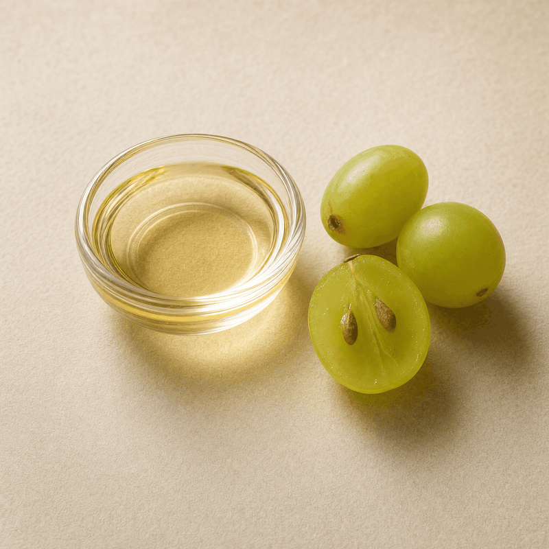 Grapes and a small dish of oil illustrating the grapeseed ingredient.