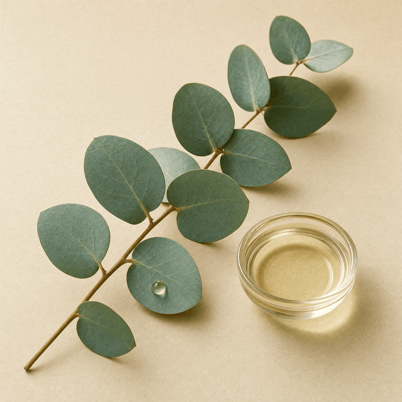 Eucalyptus leaves and a small dish of oil.