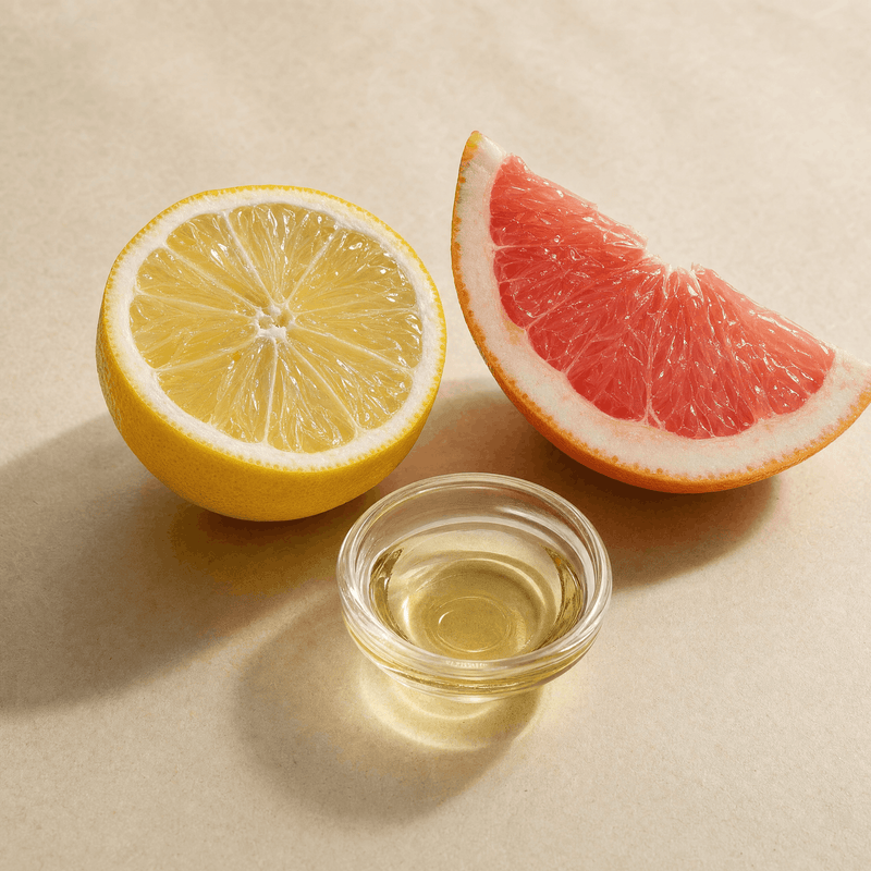 Lemon and pink grapefruit with a small dish of oil.