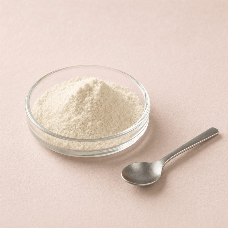 A dish of ivory powder illustrating the collagen ingredient.