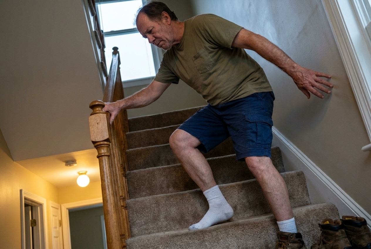 Man in his sixties going down a staircase sideways, one hand on the rail
