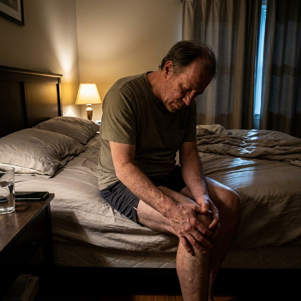 Man sitting on the edge of his bed at night, hunched over, both hands on his knee