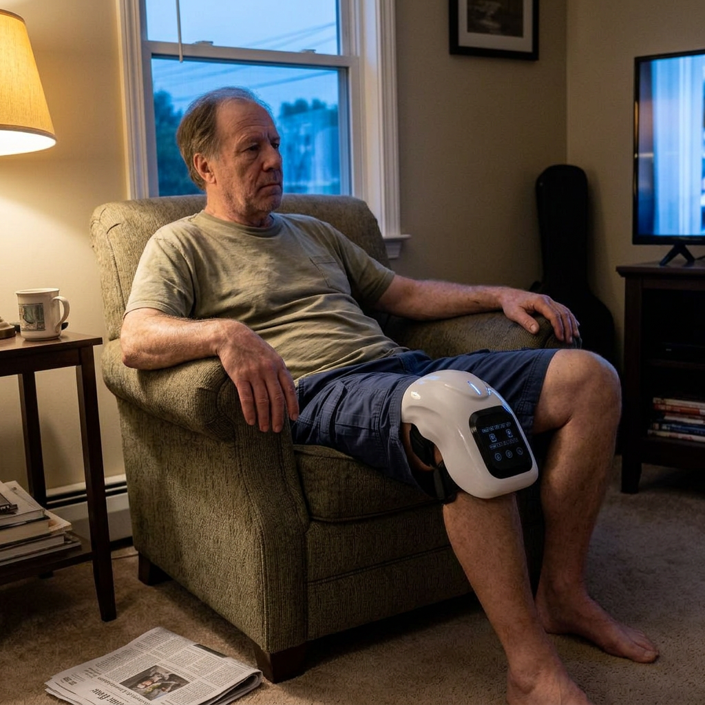 Same man relaxed back in his chair with the LuxeKnee wrap on, watching TV