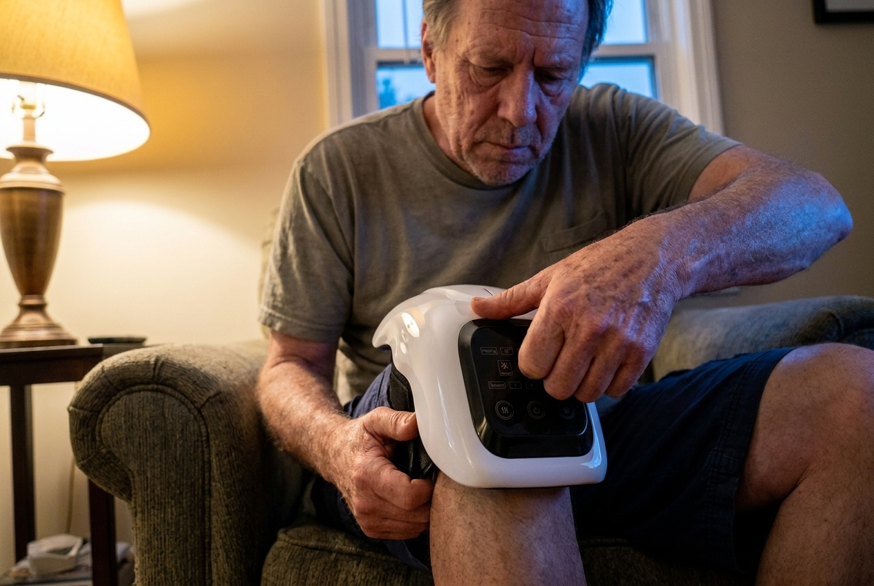 Man in his sixties sitting in a living room chair fastening the LuxeKnee wrap over his knee