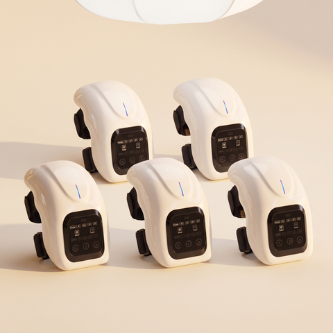 Five Bodevia LuxeKnee Pro cordless heated knee massager wraps, Buy 3 Get 2 Free bundle on a warm cream background