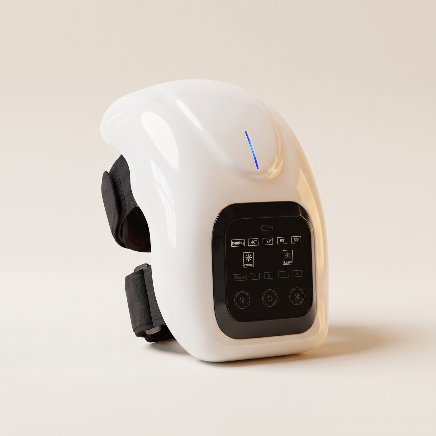 Bodevia LuxeKnee Pro cordless heated knee massager wrap, single unit on a warm cream background