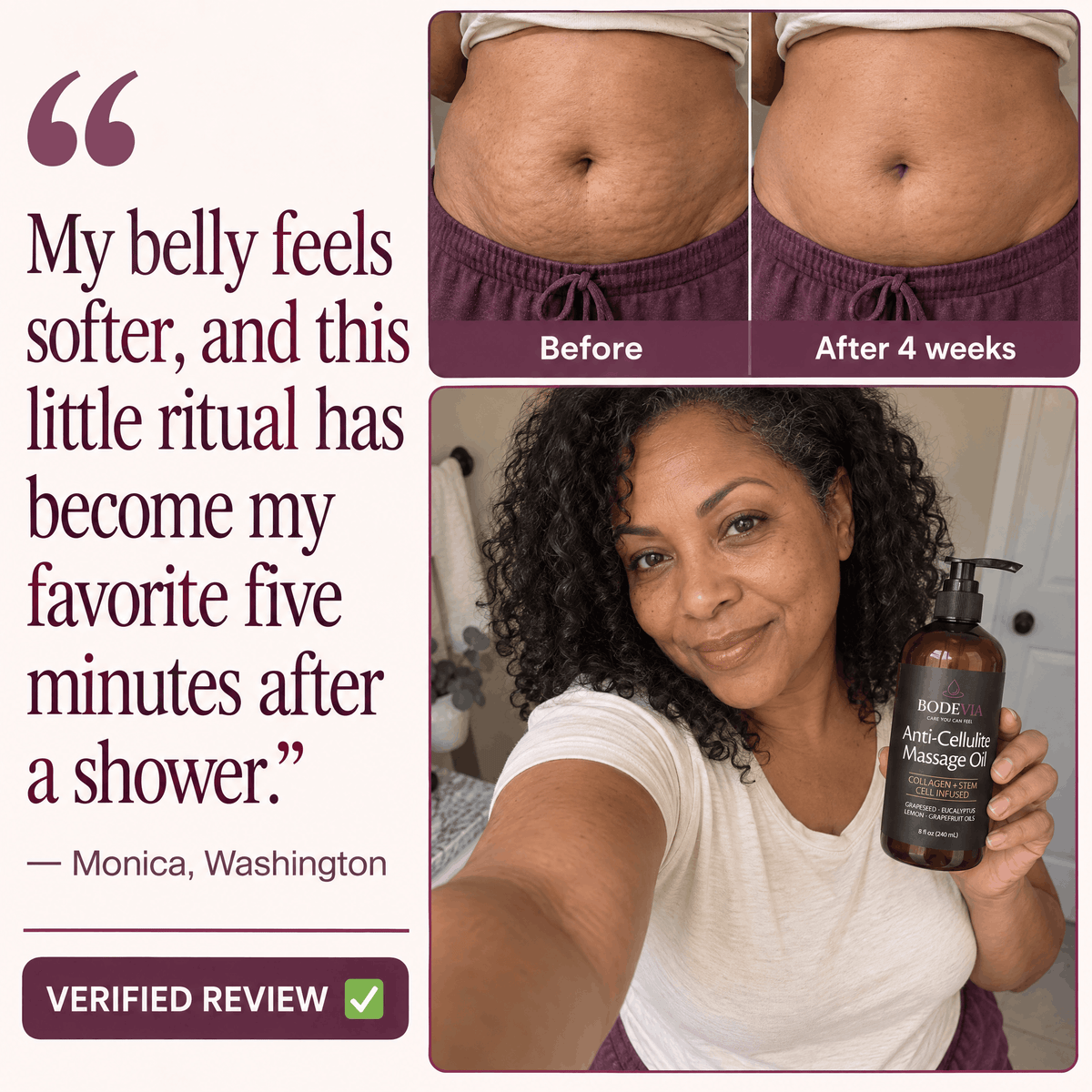 Customer showing her Bodevia massage routine and softer-looking belly skin after four weeks
